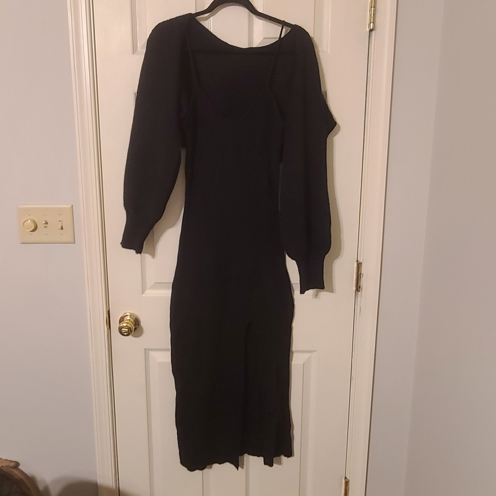 Classic Black Midi Dress with Puff Sleeve Cover